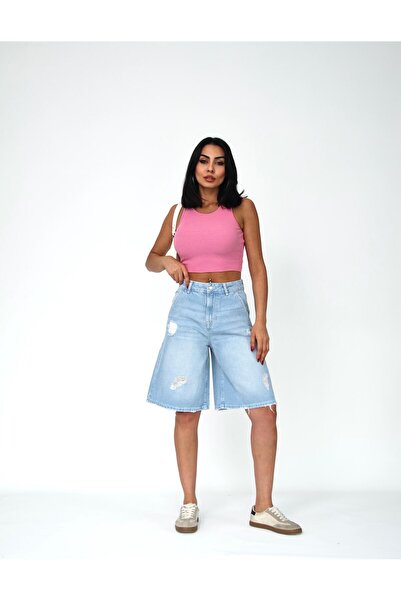 Zeo Basic KADIN BERMUDA BUZ MAVİ YIRTIK DETAYLI KOT ŞORT