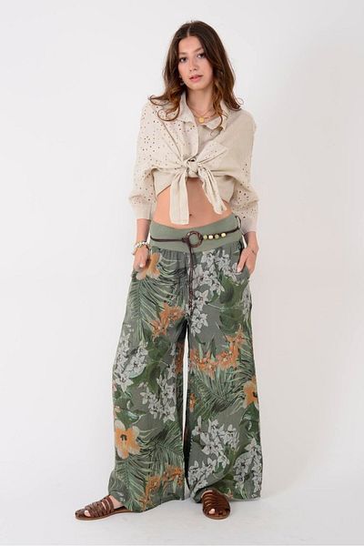 Park Moda 8730 Flower Pattern Wide Leg Belt Pants