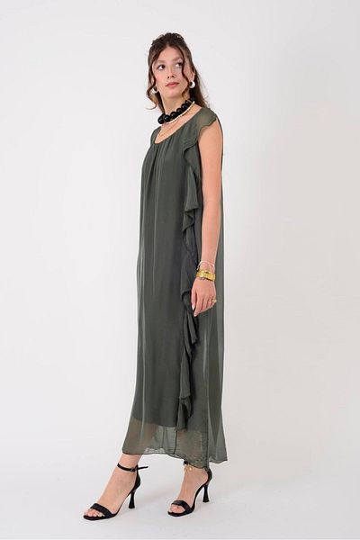 Park Moda 7338 Firfir Detailed Sleeveless Silk Dress
