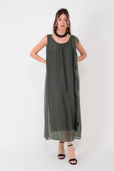 Park Moda 7338 Firfir Detailed Sleeveless Silk Dress