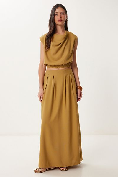 Lovelyİstanbul Degaje Collar Linen Blouse Skirt Set