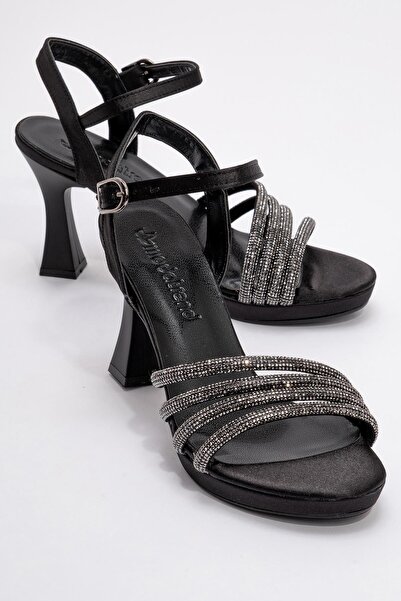 CCWAY AYAKKABI Women's Piping Stone Heeled Sandals Black Satin