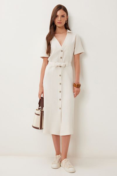 Lovelyİstanbul Belted Midi Linen Shirt Dress