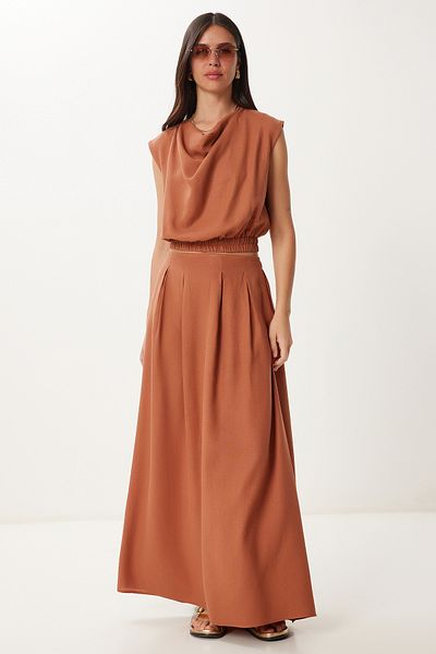Lovelyİstanbul Degaje Collar Linen Blouse Skirt Set