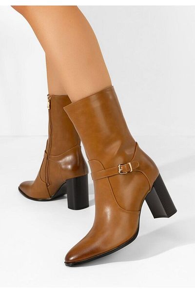 B T Shoes Botine cu toc gros Vilma camel