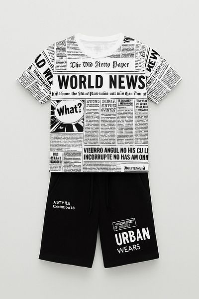 Magu Boys Cotton Newspaper Print T-Shirt Shorts Set - Black White Urban Style