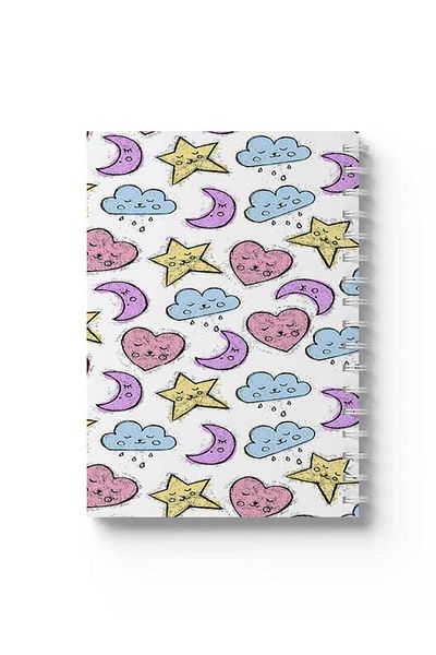 LOWHA Spiral Notebook with Front and Back Hard Covers Featuring Moon Hearts And Clouds Design