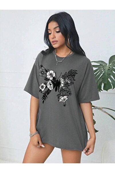 LAYORA "Women's Oversize T-Shirt - Flower and Butterfly Pattern |   Stylish and Comfortable Daily Combination"