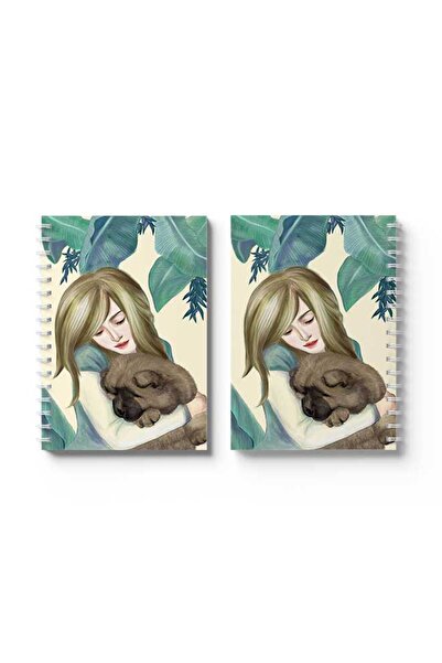 LOWHA دفتر ملاحظات حلزوني مع غلافين أمامي وخلفي صلبين بتصميم فتاة مع كلب