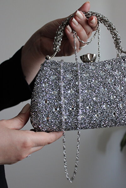 mossi Flower Shaped Scholarship Evening Bag with Stone Detail on the Handle and Stones on Both Sides