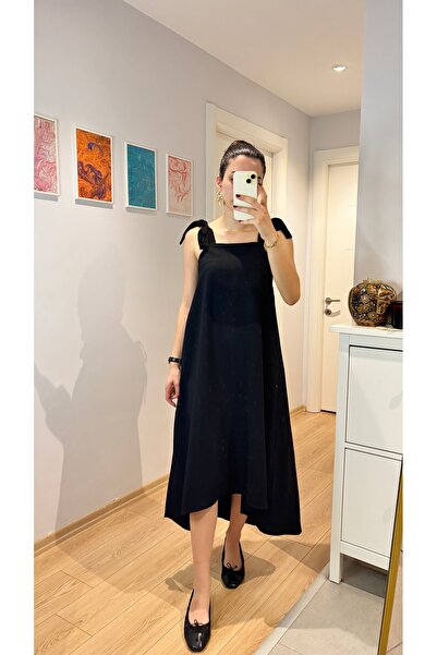 boho chıc Siyah Askıları Bağcıklı Asimetrik Elbise