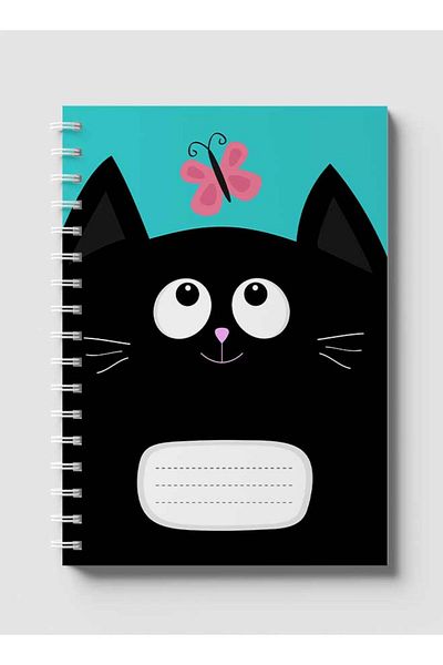 LOWHA Spiral Notebook with Front and Back Hard Covers Featuring Black Cat & Butterfly Cartoon Design