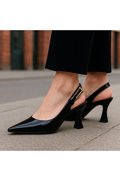adelix Kadın Topuklu Tokalı Rugan Stiletto Ayakkabı Siyah