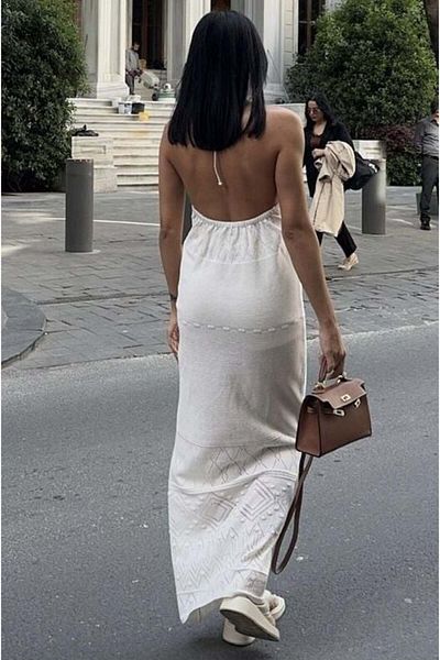 caddstore Sv 024324 Backless Knitwear Ecru Dress