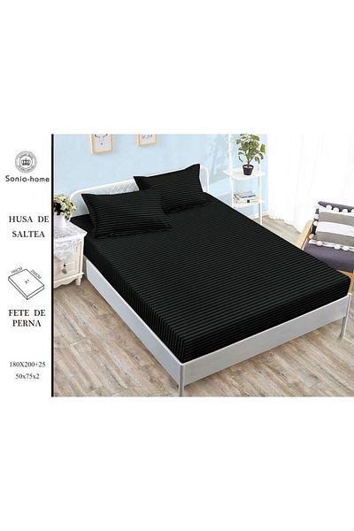 Sonia-home Bed cover set with elastic and pillowcases, Finet damask, black, 140x200cm, 50x75cm