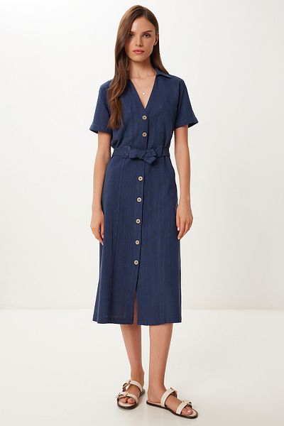 Lovelyİstanbul Belted Midi Linen Shirt Dress