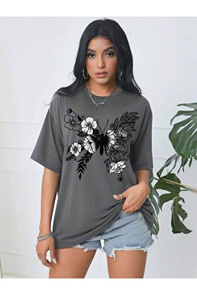 LAYORA "Women's Oversize T-Shirt - Flower and Butterfly Pattern |   Stylish and Comfortable Daily Combination"