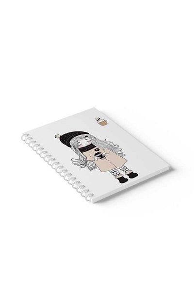LOWHA Spiral Notebook with Front and Back Hard Covers Featuring Girl with Coffee Design