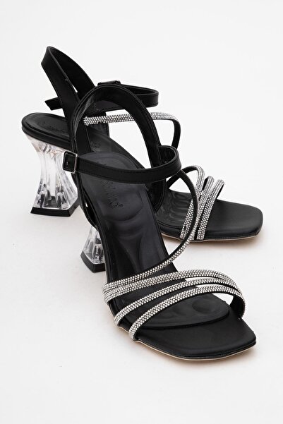 CCWAY AYAKKABI Women's Stone Heeled Sandals Black Skin