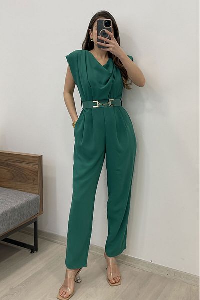 Nazline Women's Belt Detailed Padded Pocket Jumpsuit