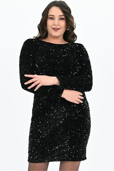 Naliru Yuvarlak Bisiklet Yakalı Uzun Kol Pul Payet Kadife Kumaş Sırtı Bağlama...