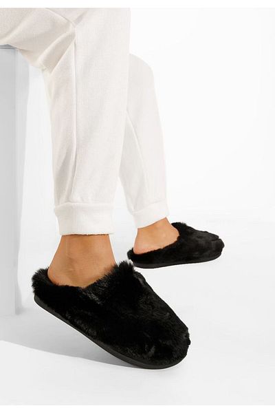 B T Shoes Marisa black fluffy slippers
