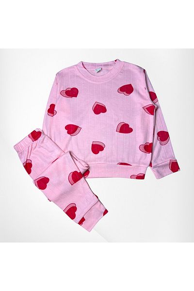 Pajama Shop Girls' Cotton Fabric Pink Color Ribbed Heart Patterned Long Sleeve Winter Pajama Set