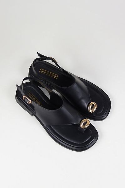 NiceDiffer Women's Black Gold Buckle Detailed Daily Sandals