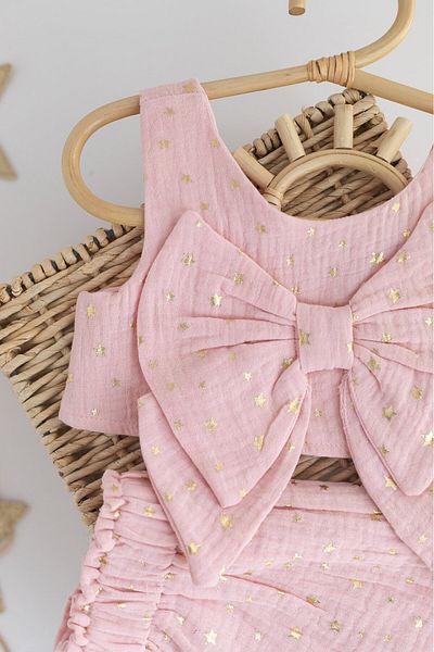 PİTABABY Pink Bow Baby Girl Shorts Set - Star Patterned Summer Set