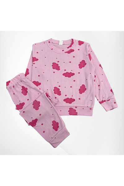 Pajama Shop Girls' Cotton Fabric Pink Color Ribbed Cloud Star Patterned Long Sleeve Winter Pajama Set