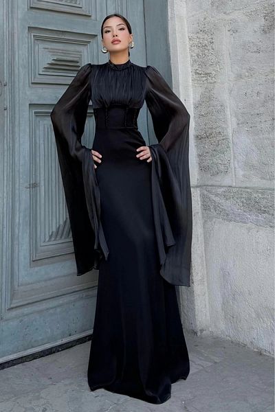 lodmela Waist Beadwork Detailed Size Adjustable Evening Dress 2325-Black
