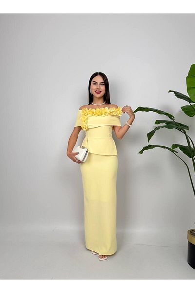 Zoe Zoe 3D Flower Detailed Madonna Collar Full Length Blue Evening Dress