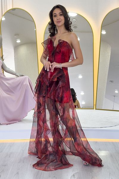 zks grup tekstil Women's Tie-Dye Patterned Strapless Ruffle Evening Dress Purple, Red, Oil, Brown