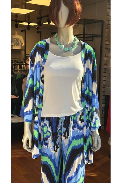 DOLCE QUEEN Women's Blue Ethnic Patterned Kimono Double Set