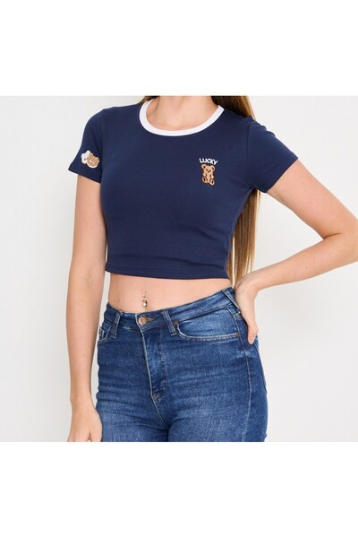 landoffashiontr Γυναικείο μπλουζάκι με λεπτομέρεια από ελαστικό ύφασμα ραβδώσ...