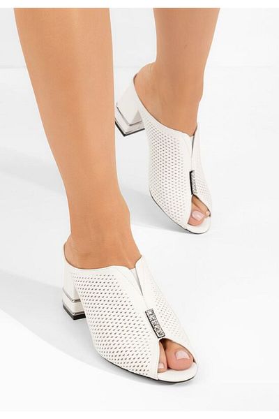B T Shoes Papuci cu toc gros Chantela albi