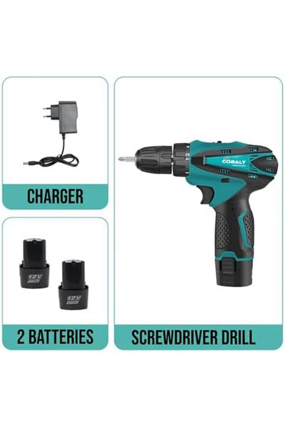 COBALT 12V Cordless Electric Drill with 2 Batteries, 18 Clutch Settings, LED, 10mm Chuck