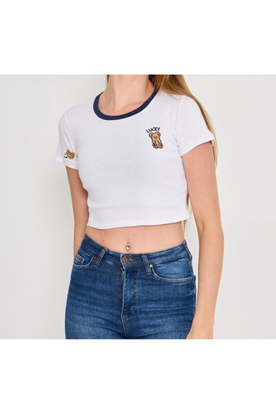 landoffashiontr تيشيرت نسائي قصير من الليكرا مضلع ومزين بتفاصيل قمرية