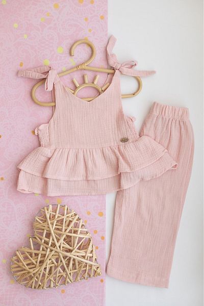 PİTABABY Girl's Powder Muslin Trousers Blouse Double Set