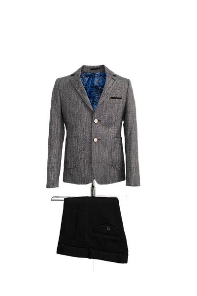 Micio Boy's Anthracite Herringbone Pattern Metal Button Bag Pocket Jacket Black Pants Suit