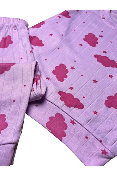 Pajama Shop Girls' Cotton Fabric Lilac Color Ribbed Cloud Patterned Long Sleeve Winter Pajama Set