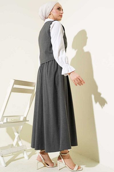 Fi-MA Asymmetric Collar Vest Skirt Suit - Gray