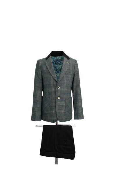Micio Boy's Green Plaid Button Bag Pocket Jacket Black Pants Suit