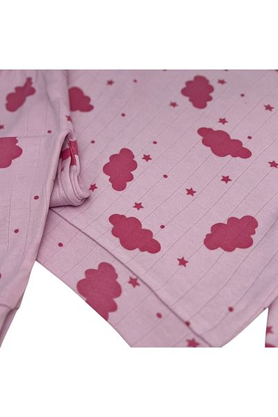 Pajama Shop Girls' Cotton Fabric Pink Color Ribbed Cloud Star Patterned Long Sleeve Winter Pajama Set