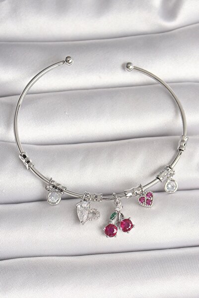 Skygo Brass Silver Color Dangle Cherry Figure Heart Detail Charm Women's Brac...