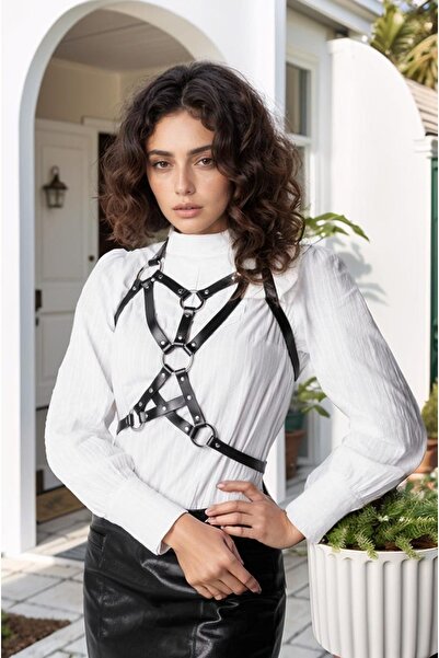 Sweet Demon Gothic Style Cross Ring Leather Ribcage Accessory, Adjustable Body Belt, Metal Clothing