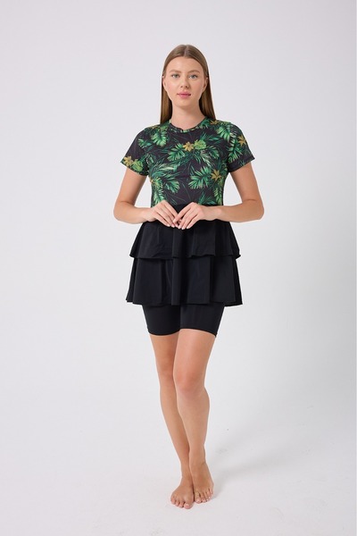 İKSUN Kısa Kollu Fırfırlı Etekli Taytlı Elbise Mayo