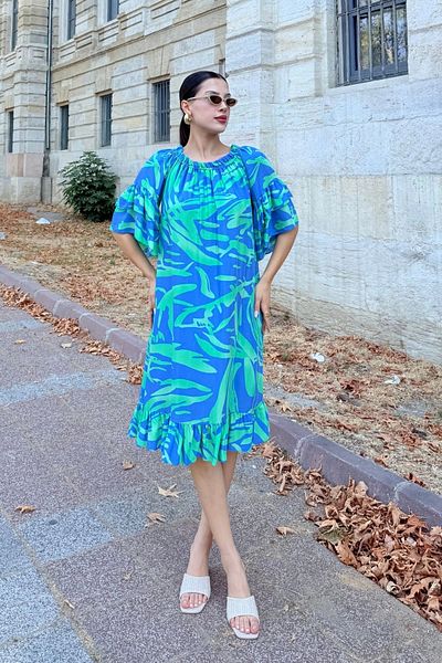 lodmela Lapel Elastic Ruffle Detail Comfortable Form Viscose Dress 6024-Indigo
