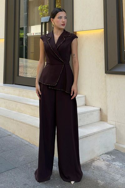 lodmela Asymmetrical Evening Dress Set with Beadwork Detail 2388-Brown