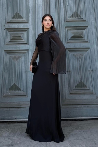 lodmela File Detaylı Abiye Elbise 2337-Siyah